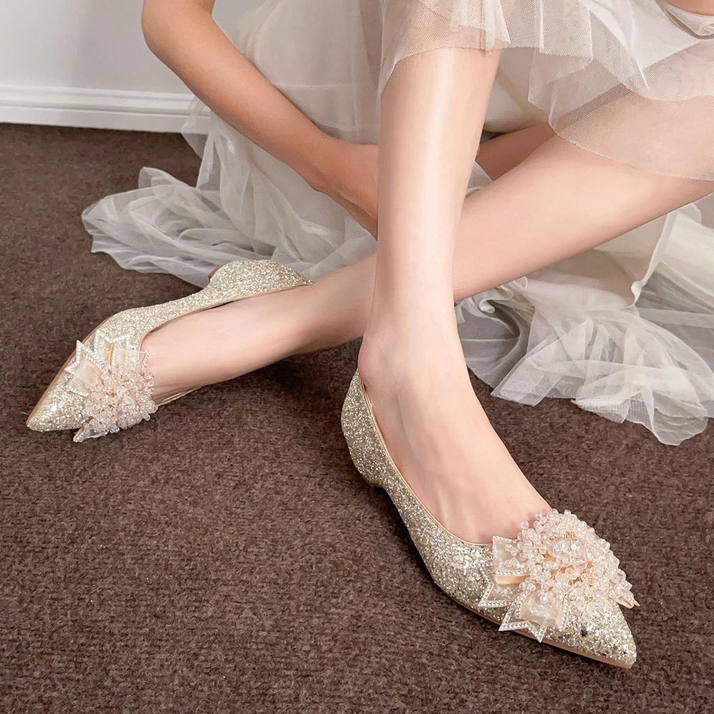 Champagne sequins heightening single shoes show and main wedding dress two wear French bridal shoes can be worn daily bridesmaid shoes