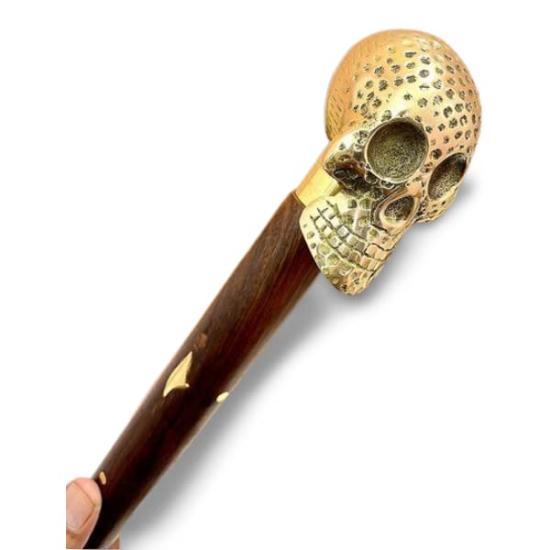 Anrtique Vintage Brass Skull Head Handle Walking Stick Cane, Wood Shaft, 3 Fold, 36 Inches