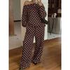 Womens Polka Dot Print Off Shoulder Long Sleeve Loose Casual Two Piece Sweatshirt Pant Set