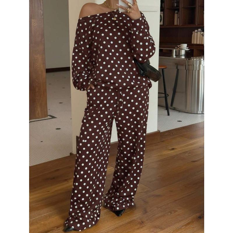 Womens Polka Dot Print Off Shoulder Long Sleeve Loose Casual Two Piece Sweatshirt Pant Set
