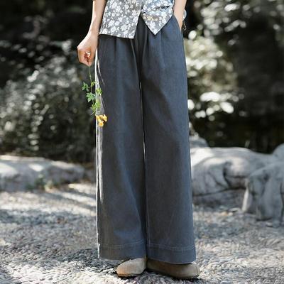 Calças Retas Vintage Femininas Cor Sólida Elástico na Cintura Calças Outono Bolsos Calças Longas Macias