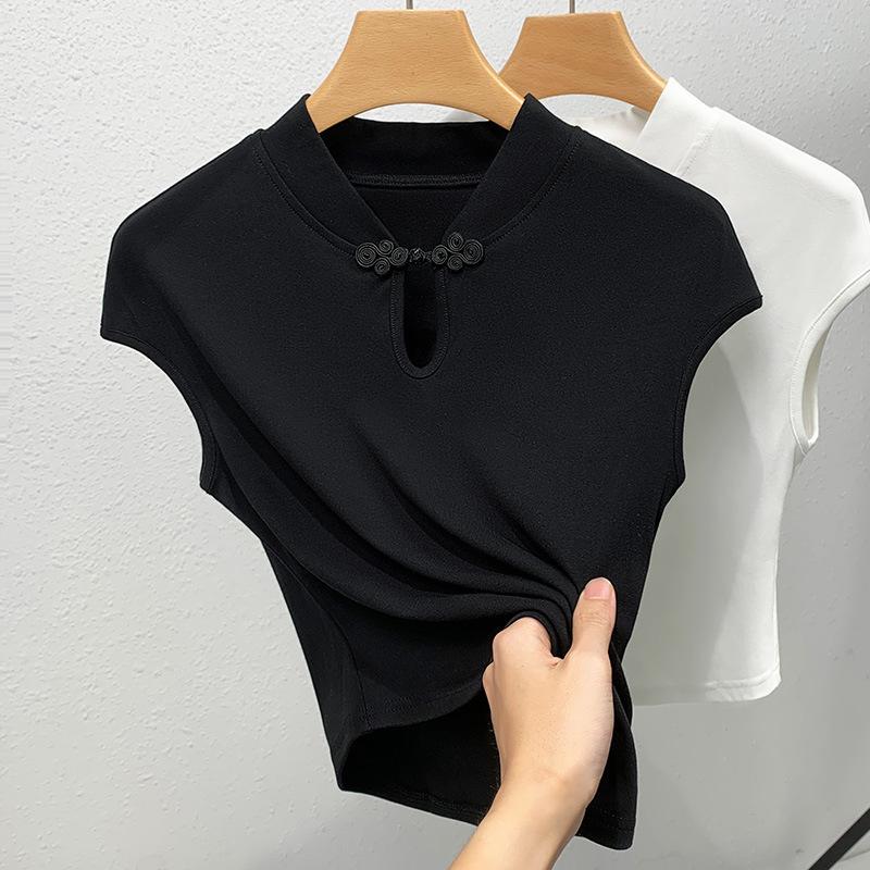 Chinese Style Short-sleeved T-shirt for Women's New Women's Stand-up Collar Flying Sleeves Solid Color T-shirt Chinese Vest Top