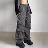 YK Harajuku Vintage Straight Pocket Pleated High Street Hip Hop Casual Parachute Pants Loose Tooling Wide Leg Trousers