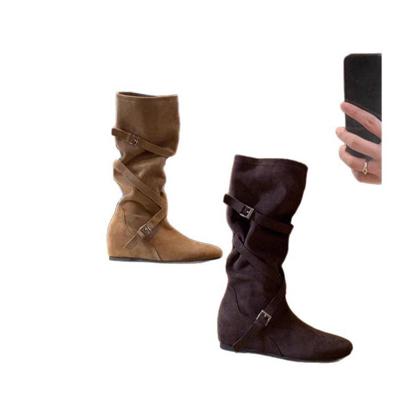 Retro Belt Buckle Medium Boots Women's Autumn and Winter New Thin and Versatile Western Cowboy Boots Inner Height Increase Martin Boots