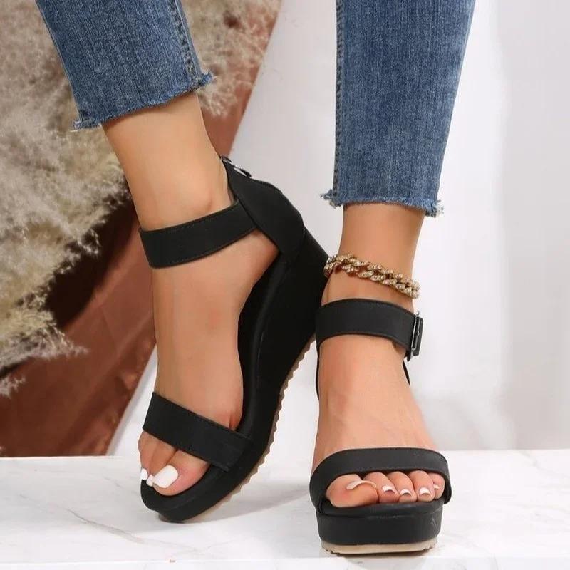 Fashion 2025 Summer Women's Wedges Casual High Heels Sandals New Round Toe Buckle Shoes Ladies Solid Platform Sandals Casual Women Shoes