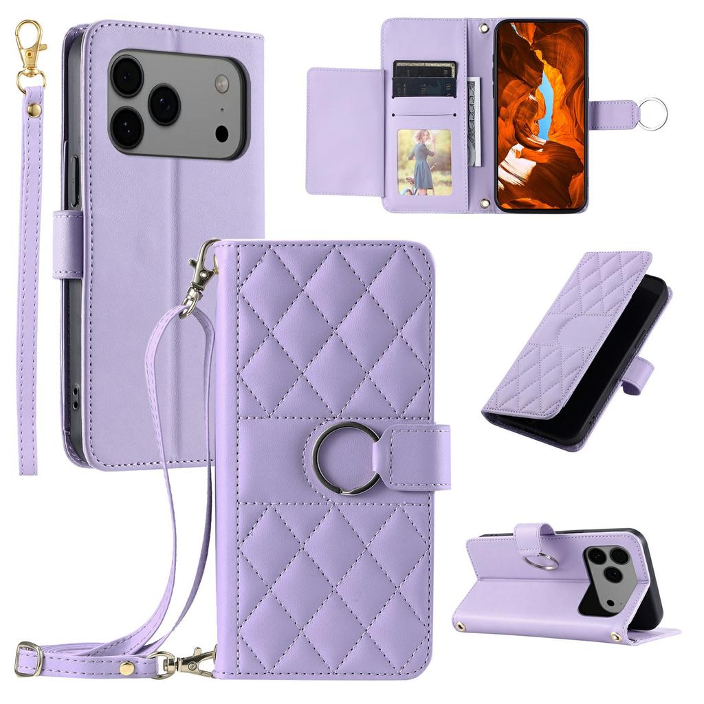For iPhone 17 Pro Case Ring Buckle Wallet Stand Rhombus Crossbody Leather Mobile Cover