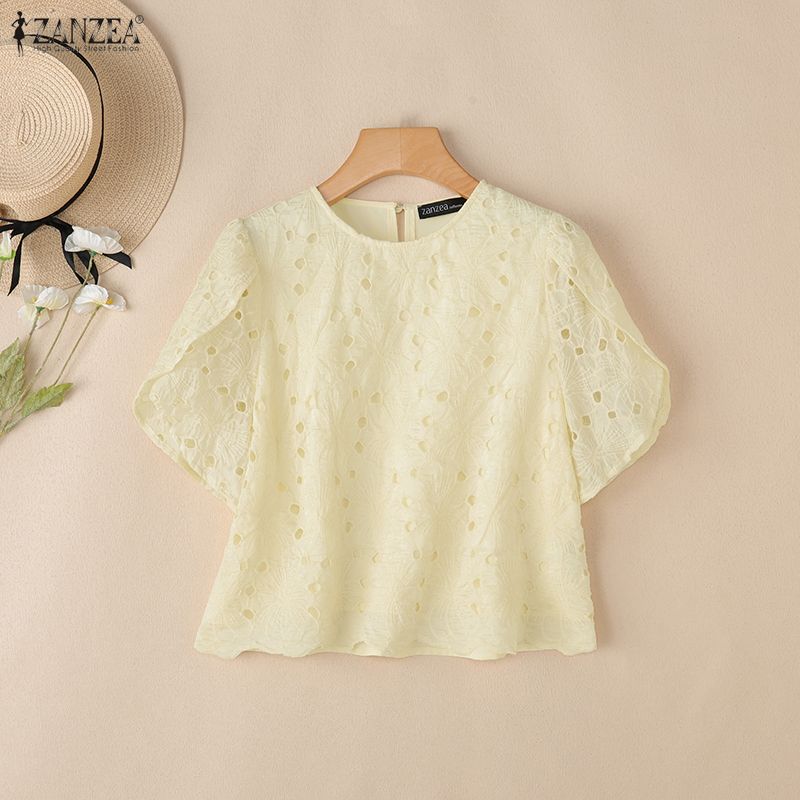 ZANZEA Women Casual Round Neck Short Sleeve Hollow Crochet Patchwork Blouse