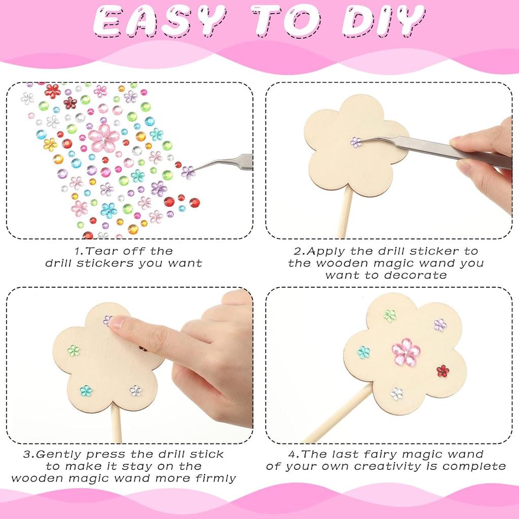 42 Pcs Princess Fairy Wands Kit, Include 36 Pcs Wooden Unfinished Wand DIY Princess Wand with 6 Sheet Colorful Diamond Sticker for Girls Make Your