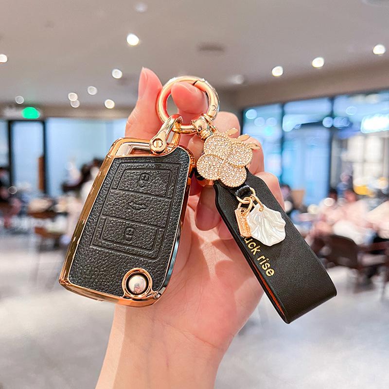 Tpu Genuine Leather Auto Key Fob Cover Smart Case Housing Mount Chain Remote Fit For Vw Volkswagen T-Roc Golf 7 Polo Tiguan T-Cross Jetta Eos Beetle
