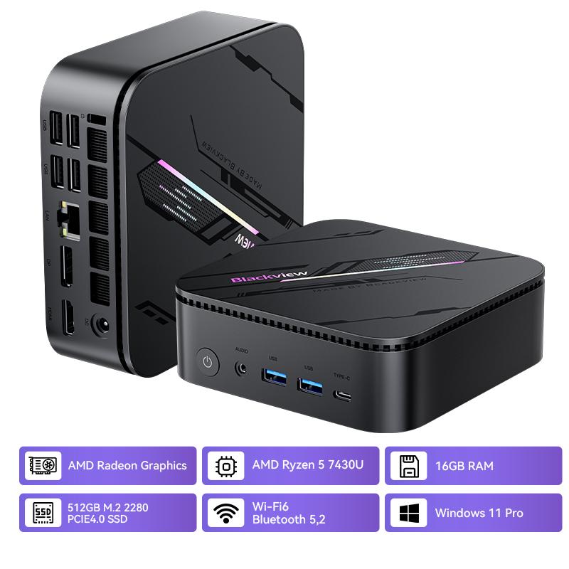 Mini PC Blackview MP100 Pro AMD Ryzen™ 5 7430U (Až 4,3 GHz) 16 GB RAM512 GB SSD Radeon™ RX Vega 7 Windows 11 Pro MINI PC