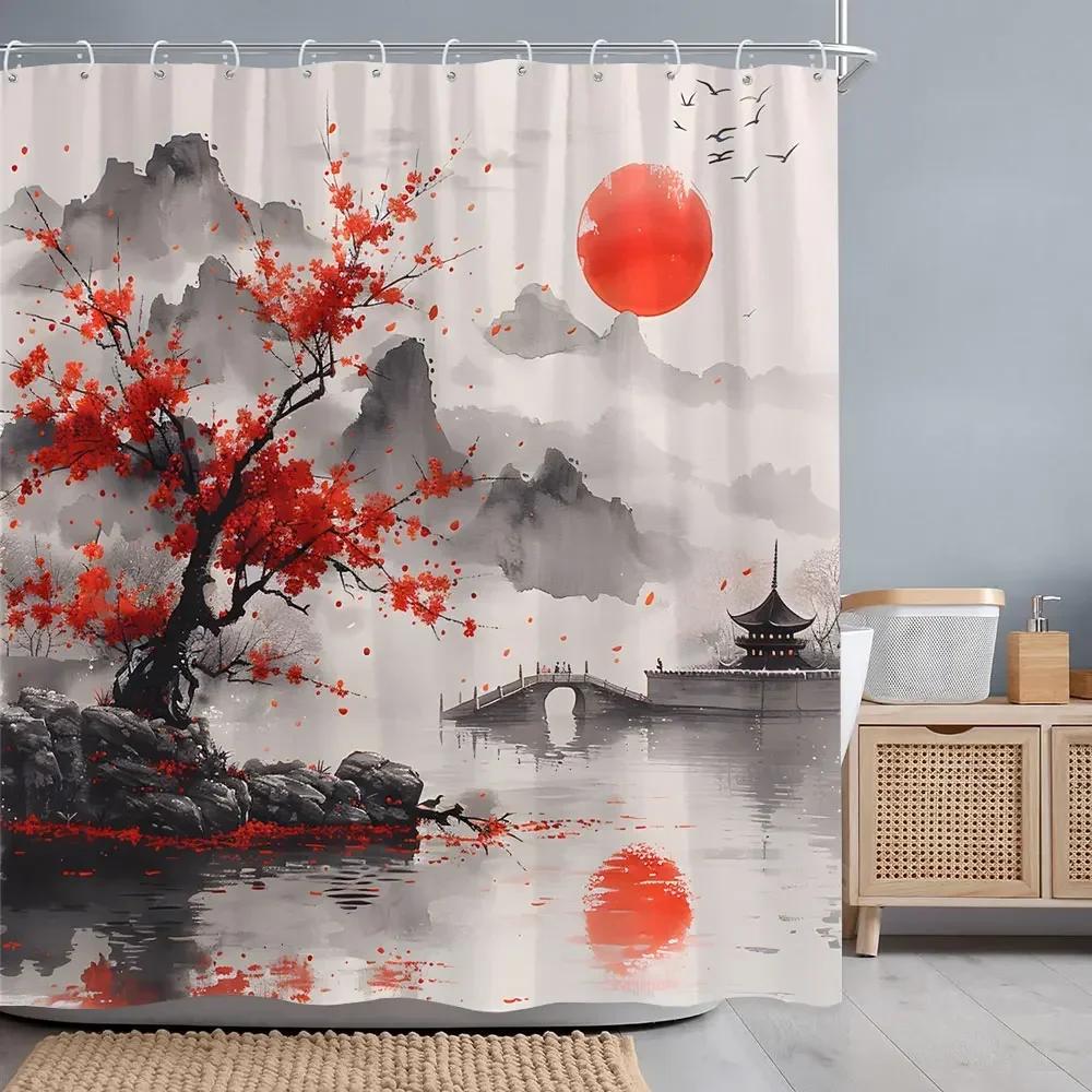 Japanese Red Cherry Blossom Seascape Shower Curtain Chinese Landscape Ink Painting Printed Fabric Shower Curtains Bathroom .