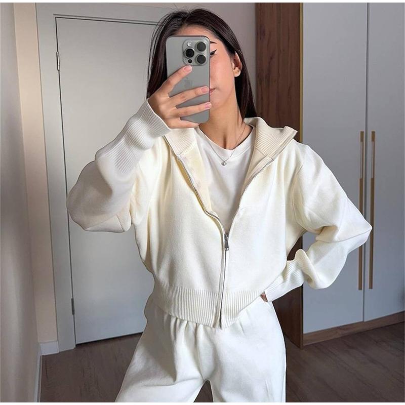 Lässiger Reißverschlussjacke-Pendleranzug Einfache einfarbige Streetwear Lange Hosen Outfits Frühling Herbst Gestrickte Damen Zweiteiler