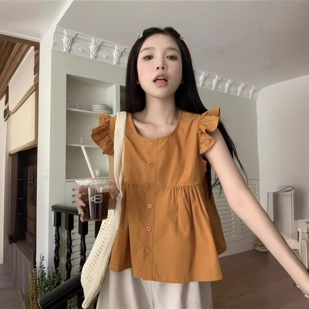 

Black Ear Shirt Summer New Style Women s Solid Color Versatile Square Collar Plaid Ruffle Sleeveless Shirt Top S