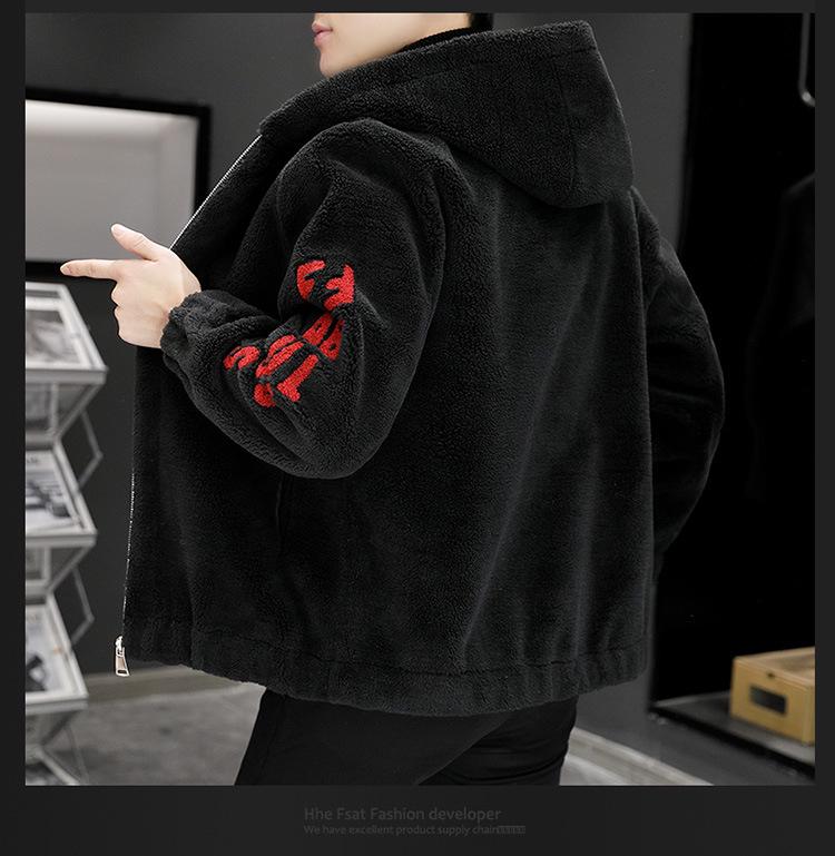 Men's Lambswool Hooded Wool Jacket with Fleece Lining and Embroidered Design