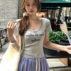 Cotton Lace Front Shoulder Short-sleeved T-shirt Women's Summer New Korean Version Slim and Thin Letter Short T-shirt Top Ins