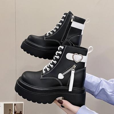 Mode 10CM Neue Ankunft Herbst Stiefeletten Frauen Hohe Plattform Motorrad Stiefel Winter Lace-up Chunky Sneakers Komfortable Leder boot