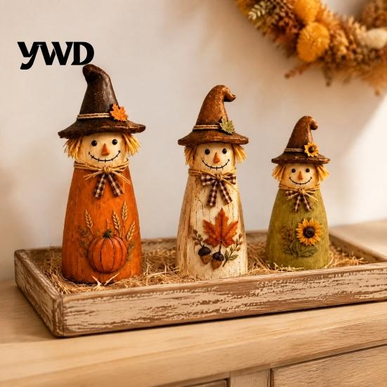Cute Wizard Hat Ornaments Vintage Resin Scarecrow Figurines, Fall Harvest Pumpkin Sunflower Maple Decorative Haunted House Props Leaf Tabletop Decor,