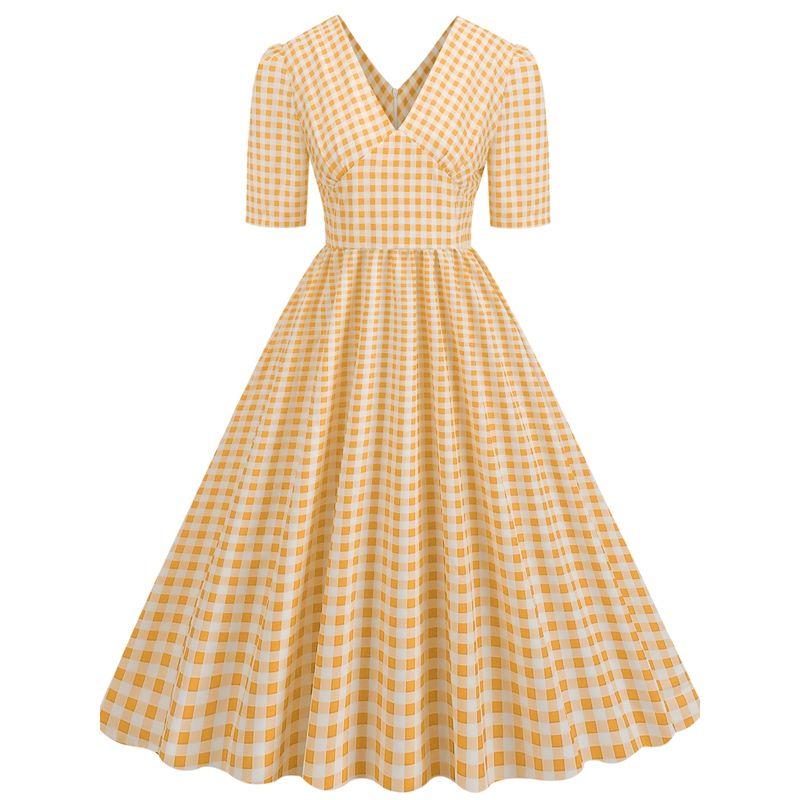 

Fashion Style Fashion Elegant Amazon Hot Sale Plaid Waist Tight V Neck Retro Hepburn Style Swing Dress Tide Yellow 2XL