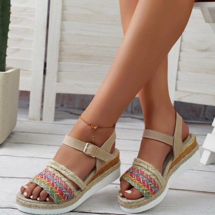Large size linen sole wedge heel fish mouth word with beach sandals summer ethnic style women's shoes