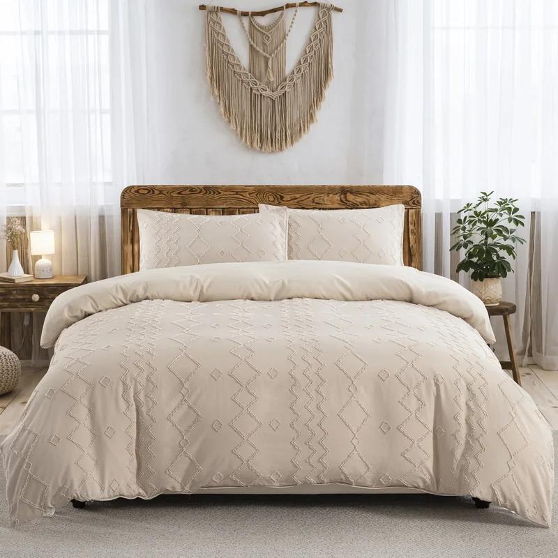 White Duvet Cover Queen Boho Tufted Microfiber Bedding Set for All Seasons, Embroidery Shabby Chic Comforter Covers with Zipper