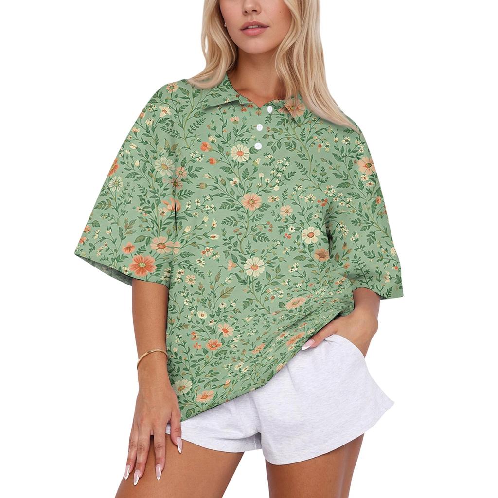 Women’s Fashion Casual Polo Collar Loose Fit Top Short Sleeve Floral Print Blouse Relaxed Lapel Shirt for Daily Wear