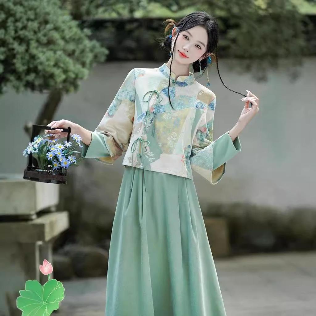 Women's Retro Print Tang Suit: Spring/Autumn Modernized Hanfu & Cheongsam Tea Set