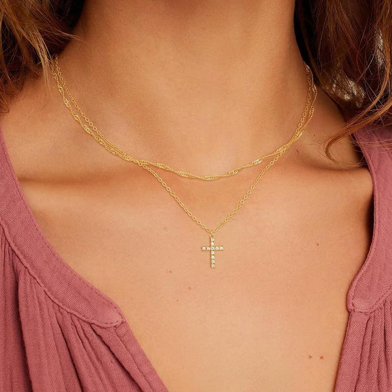 Easter Basket Stuffers CZ Cross Necklace for Women Teen Girls Dainty 14K Real Silver Gold Plated Layered Pendant Necklace Stack
