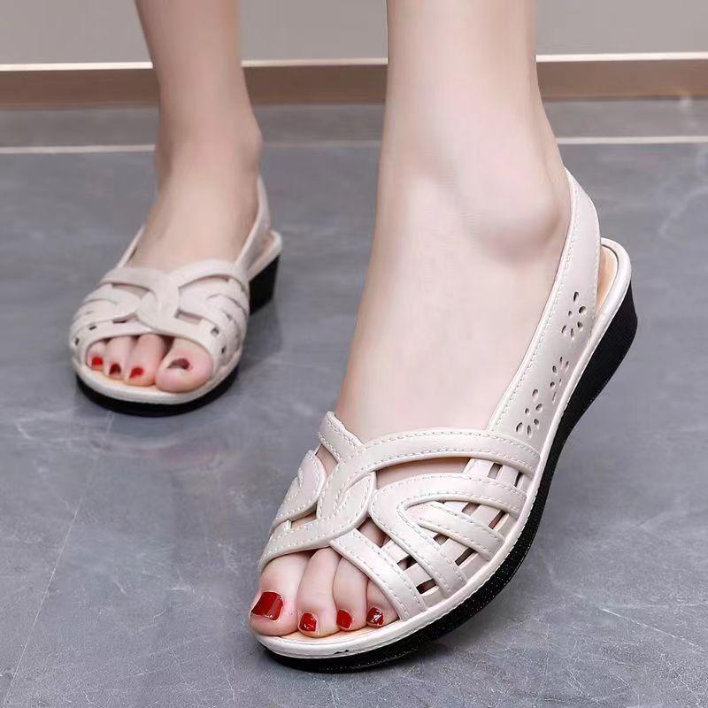 2026 New Women's Summer Open Toe Hollow Flat Sole Sandal Soft Sole Non Slip Shallow Slip-On Fish Mouth Sandals Mom's Sandals