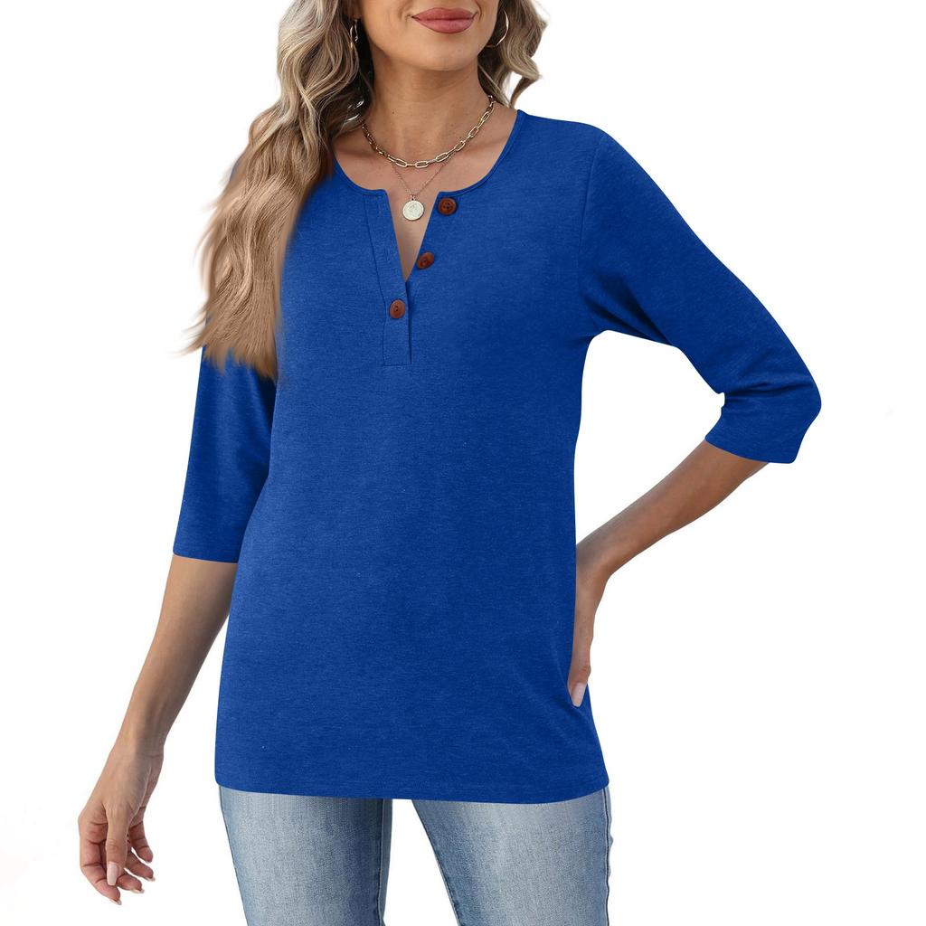 Women's Fashionable Casual Button-down Collar Three-quarter Sleeve T-shirt Top