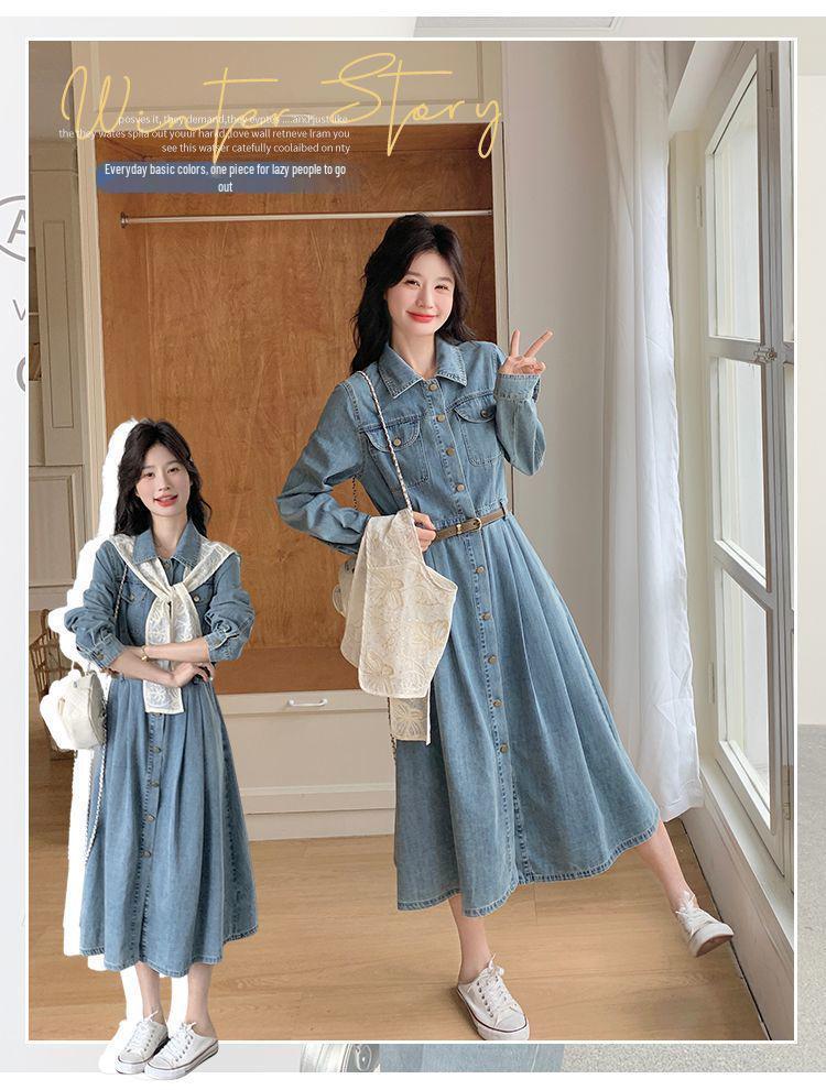 Blue Hong Kong Style Retro Denim Dress - Women's Autumn 2025 Waist-Cinching Shirt Dress, Age-Reducing & Fashionable