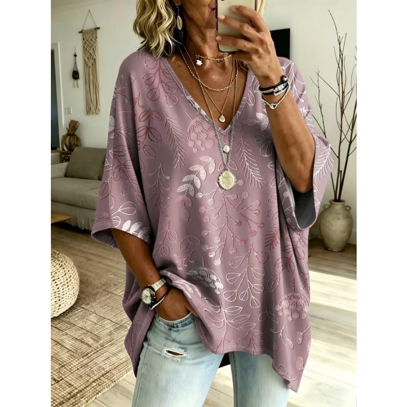 Damen V-Ausschnitt T-Shirt in Übergröße, Retro Casual Top, mit Print-Design, modisch und vielseitig, maschinenwaschbar.
