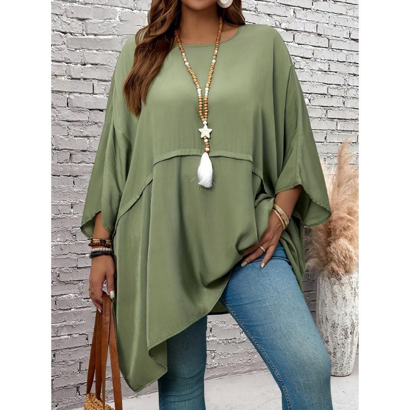 New Large Size Spring/Summer Loose Batman T-shirt Top Round Neck Fashion Casual Blouse Solid Color Irregular Elegant Shirts Loose Simple Long Tops
