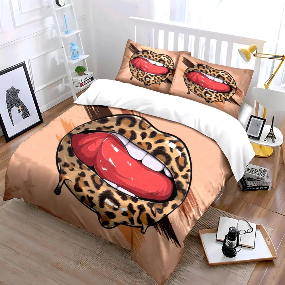 "Leopard Print Lip Art Decals" Bedding Set with 1 Duvet Cover 2 Pillowcases Single Double King Queen Gift