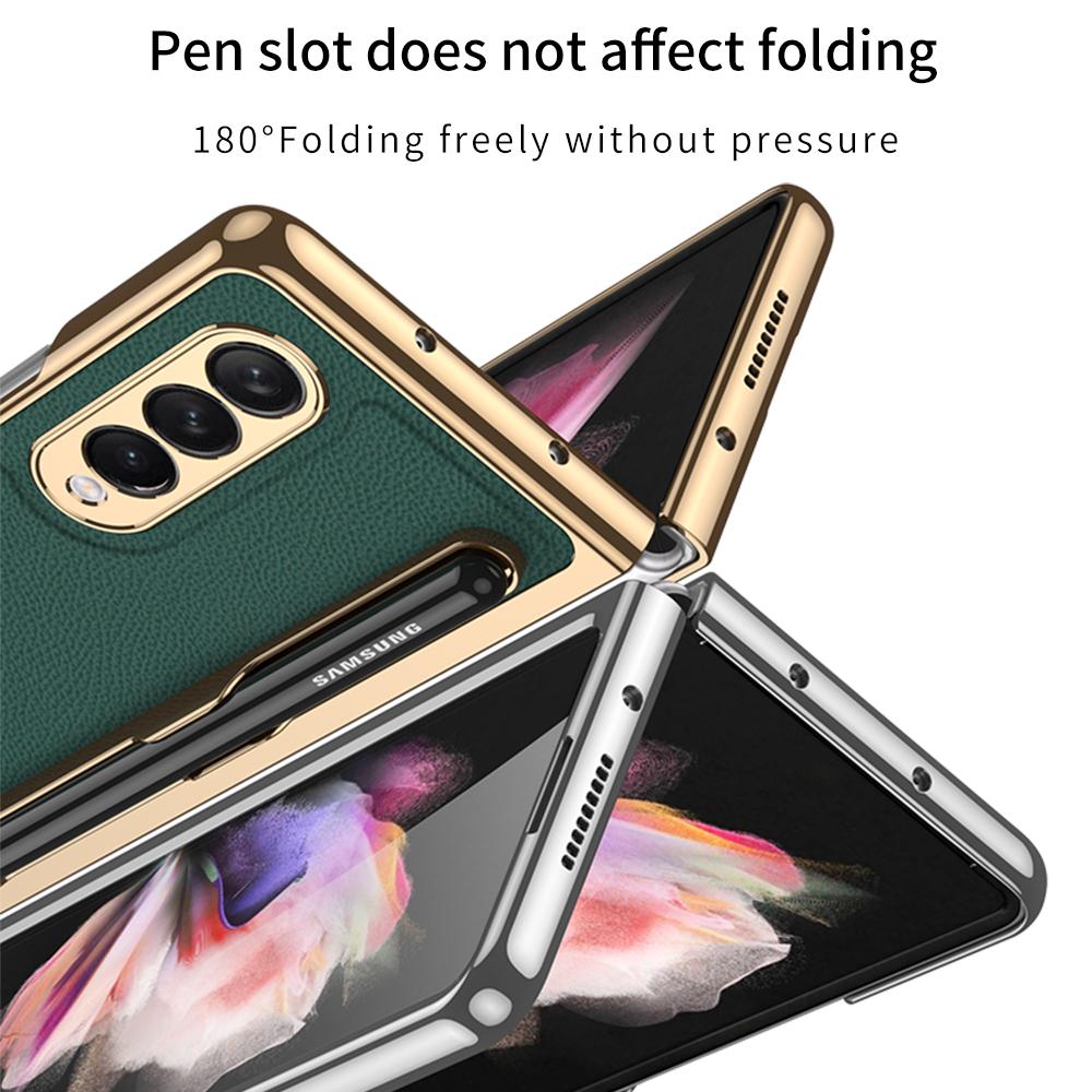 Husă cu Suport S Pen Pentru Samsung Galaxy Z Fold 3 5g Carcase Shell Folie Integrată Galvanizare Piele Simplă Slot pentru Stilou Z Fold3
