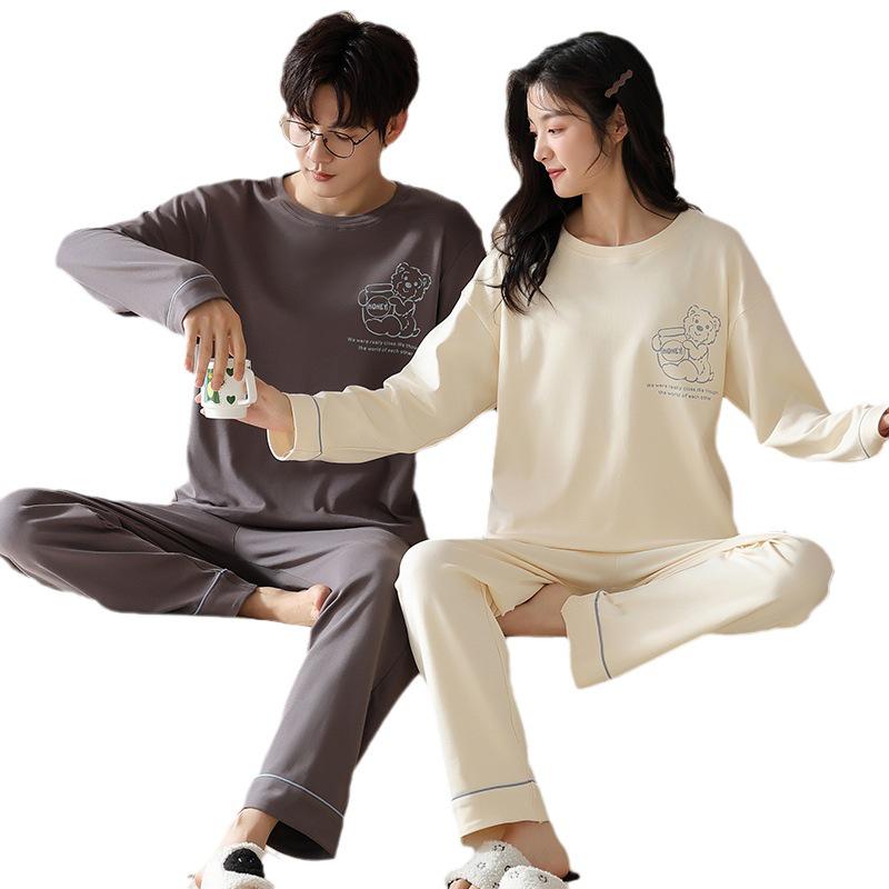 Women's Cute Cartoon Couple's Pajamas Set - Spring/Autumn Long Sleeve Round Neck Pure Cotton Home Wear