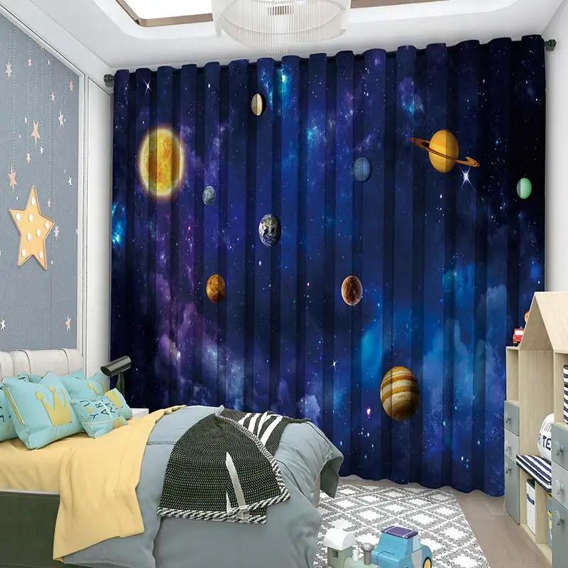 New Cartoon Earth Planet Space Astronaut Rocket Print High Shading Curtain Children's Room Living Room Window Curtain 2Pcs Home