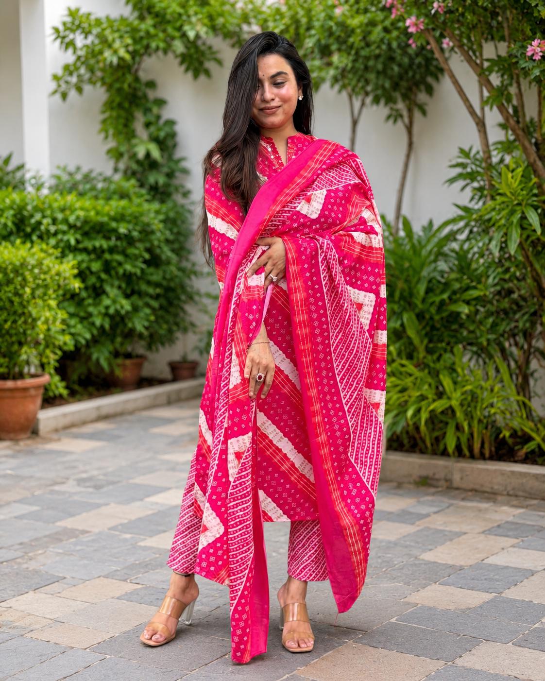Lahriya Printed Cotton Kurti Pant Dupatta Set Indian Bollywood Ethnic Kurta Set