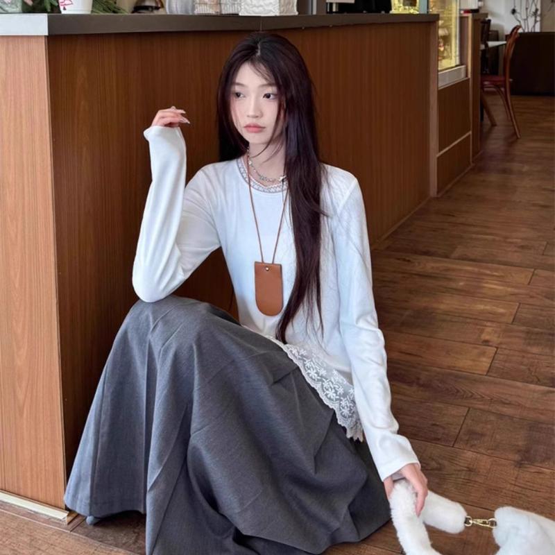 Koronkowe T-shirty Białe Proste T-shirty Damskie T-shirty Design Okrągły Dekolt Dziewczęce Słodkie T-shirty Moda Koronka Szerokie Topy