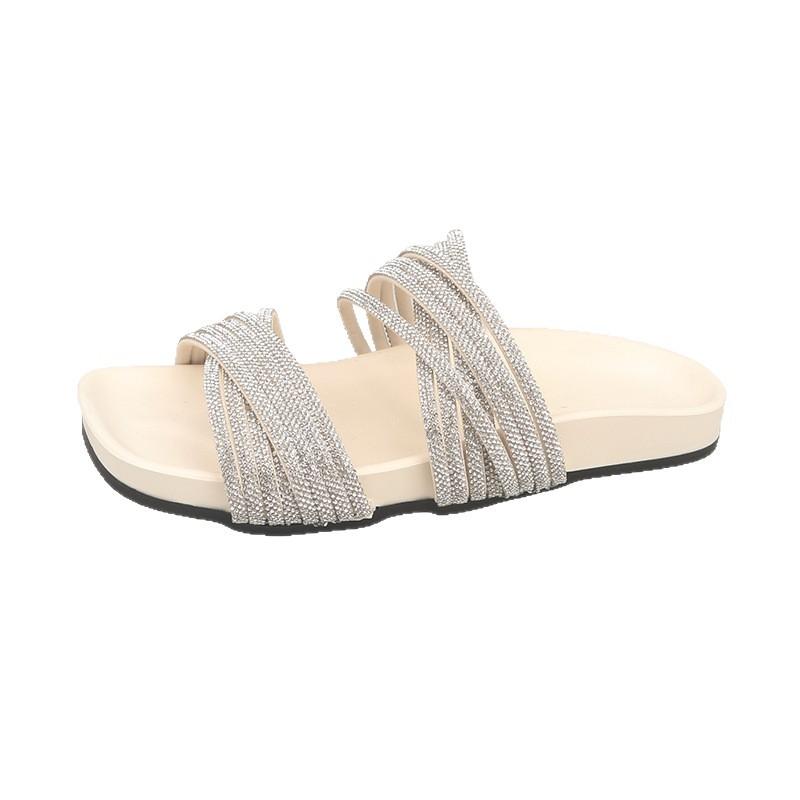 One-word Cold Slippers with Rhinestones for Women's Summer Wear 2025 New Flat-bottomed Beautiful Slippers with Skirts and Strappy Sandals.