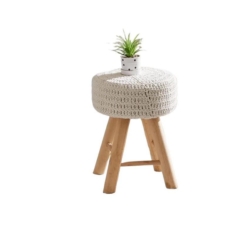 Solid Wood Nordic Makeup Stool Vintage Dressing Stool Woven Fringe Round Seat Upholstered Stool for Guesthouses