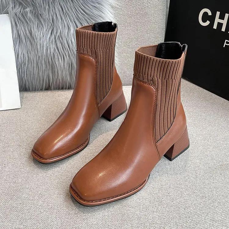 

Модная обувь для женщин 2024 года, базовые женские ботинки с квадратным носком, элегантные туфли, удобные ботильоны на высоком каблуке, Botines Para Mujeres 37 коричневый