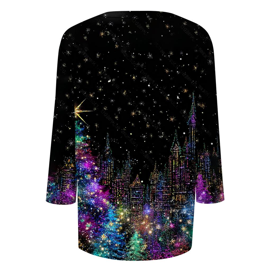 Modă Femei Casual Crăciun Pom Imprimat Gât Rotund Mânecă Treisfert Tricou Top