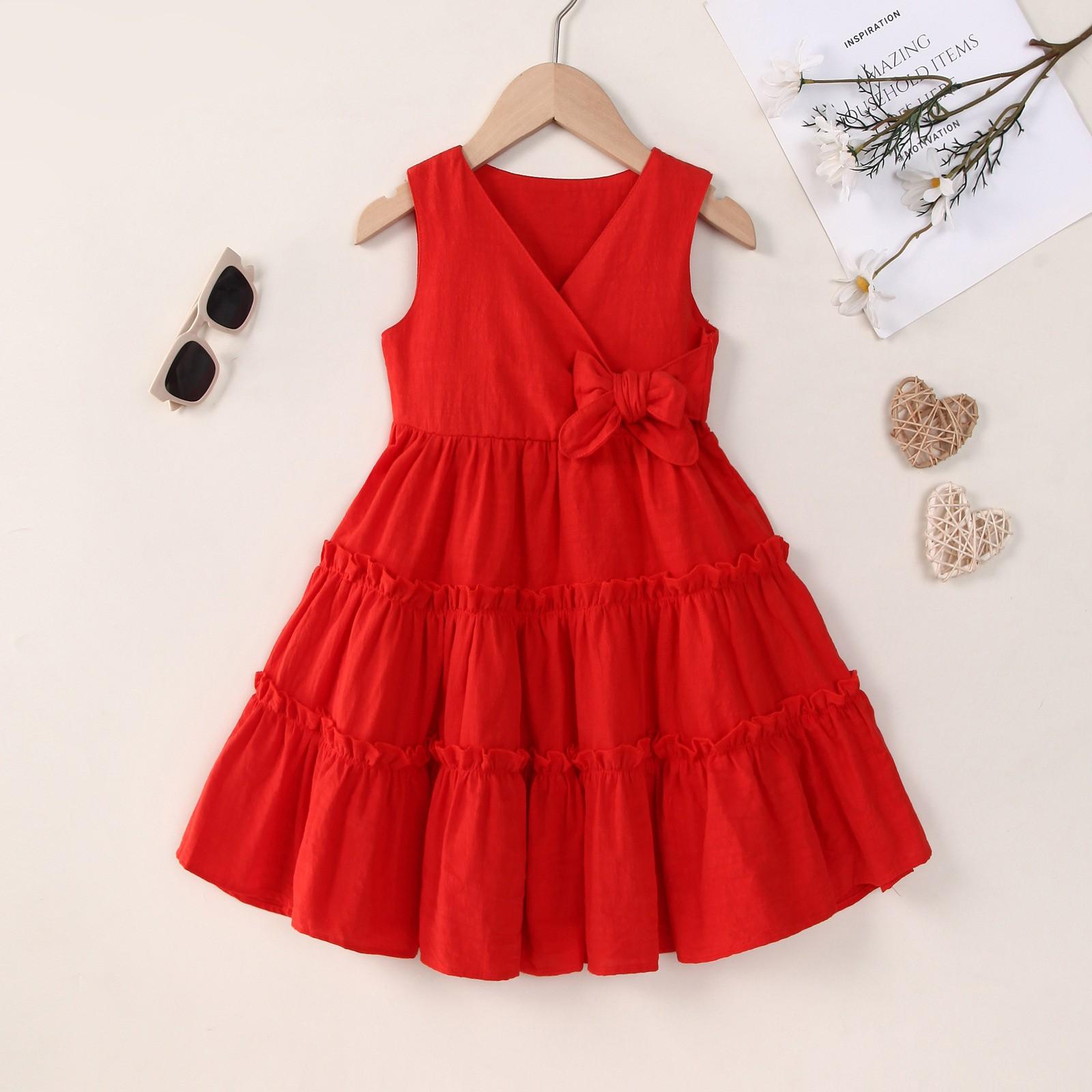

Летнее детское платье, платье принцессы в лесном стиле для девочек, милое платье принцессы в лесном стиле с V-образным вырезом без рукавов 80 красный