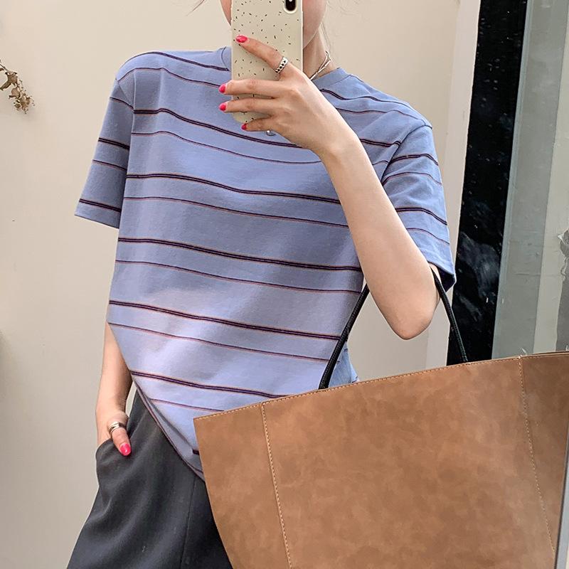 Retro Round Neck Striped Short-sleeved T-shirt for Women In Summer New Design Niche Loose Casual Top for Women