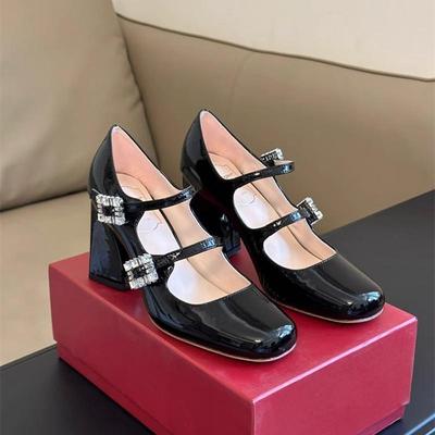 Black Versatile Square Buckle Rhinestone Mary Jane Shoes Women's Winter 2025 Patent Leather Round Head Thick Heel High Heels Women's Single Shoes