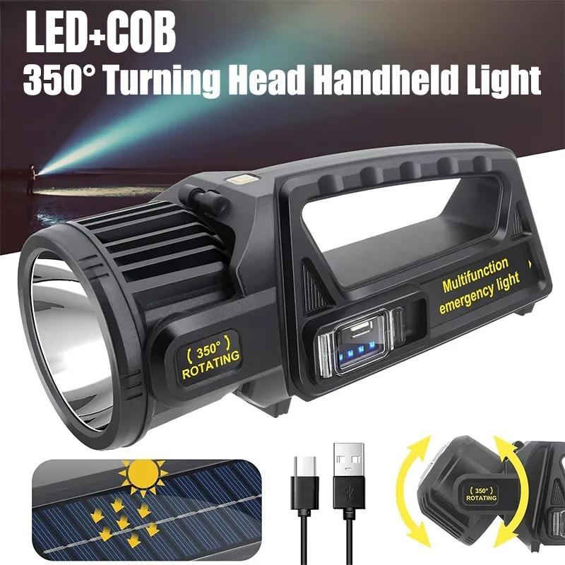 Rechargeable LED Spotlight Flashlight with 350° Rotate Head, 9 Modes, IPX6 Waterproof, Solar + TYPE-C Charging, Power Bank
