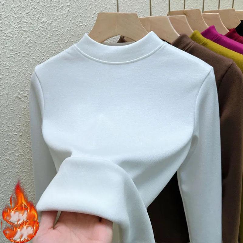 Integrovaný sametový hřejivý top Slim dámský pulovr Plyšový zateplený Polovysoký límec Spodní tričko Jednoduché ležérní Cestování Podzim Zima