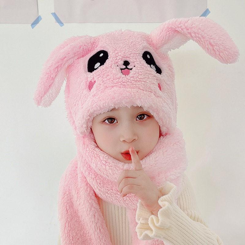 Warm Knitted Rabbit Ear Hat With Scarf Kids Women Winter Outdoor Wear Soft Fleece Lined Adjustable Hooded Beanie