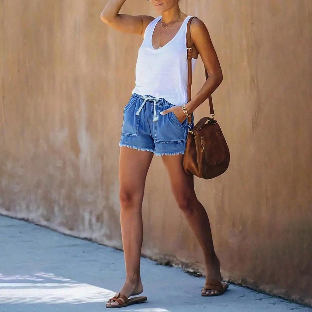 Women's Solid Color Jeans Stretch Slim Fit Distressed Denim Shorts