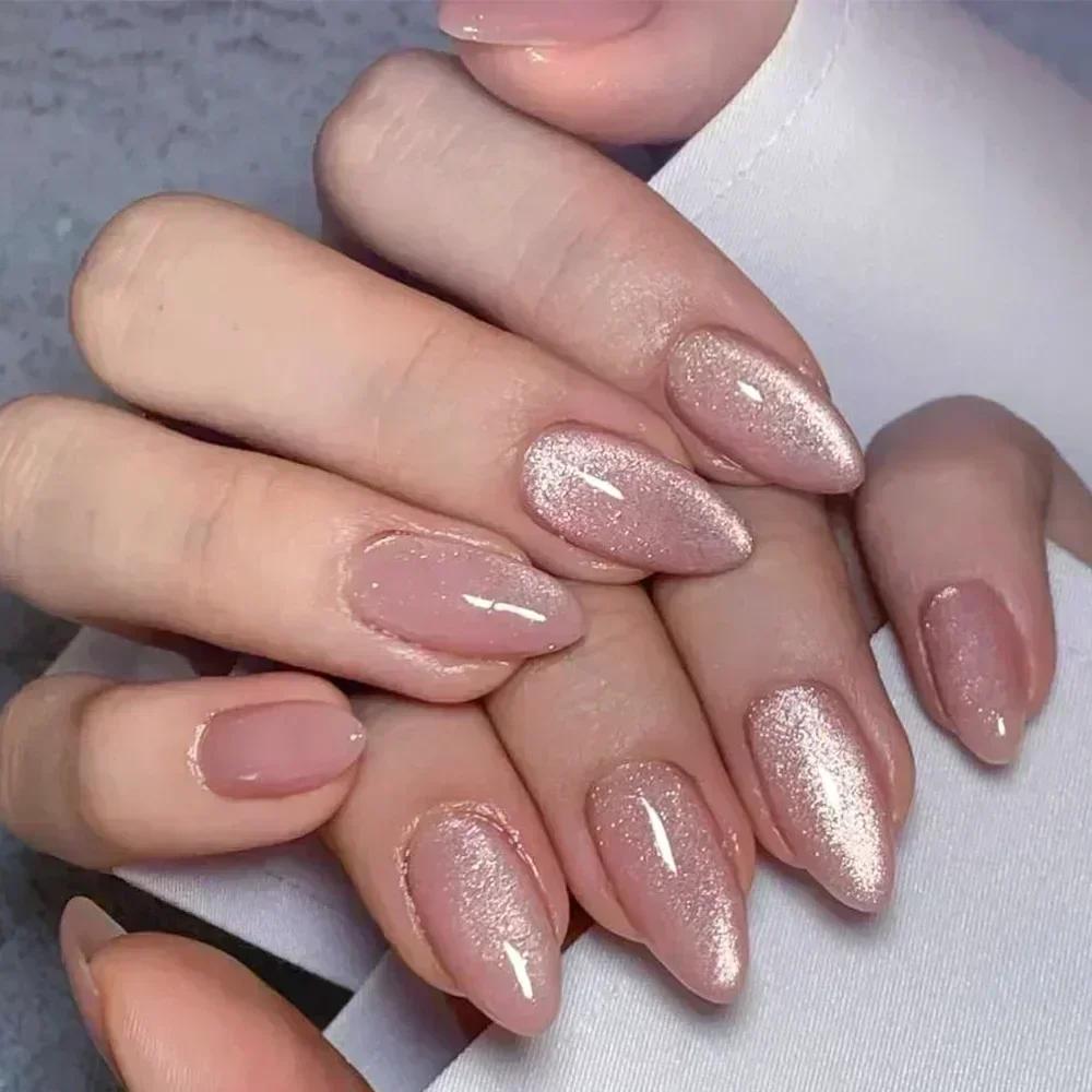 

Soft Pink Shimmer Almond Nails, Nude Jelly Press On Nails with Glitter Cat Eye Effect United States